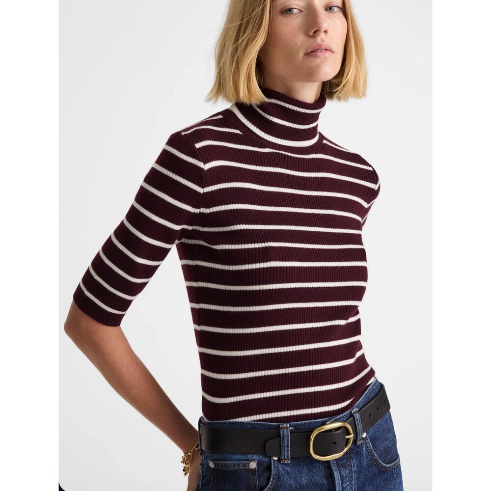 Madewell | NWT Merino Wool Ribbed Turtleneck Tee Dark Pomegranate Stripe | Sz M